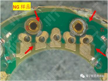 失效样品割线后左、右漏电位置