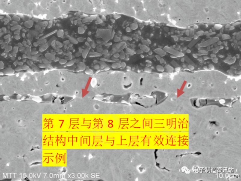 NG样品三明治结构中间层与上层有效连接示例